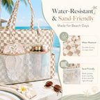 Waterproof Beach Tote Pool Bags for Women Ladies Extra Large Carry On Bag With Wet Compartment for Weekender Travel (Dark Brown Checkered)