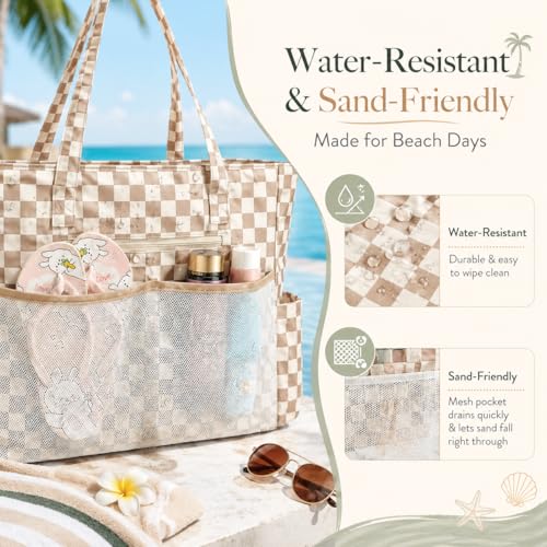 Waterproof Beach Tote Pool Bags for Women Ladies Extra Large Carry On Bag With Wet Compartment for Weekender Travel (Dark Brown Checkered)
