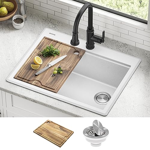 Bellucci 28 inch Granite Workstation Drop In Top Mount Single Bowl Kitchen Sink in White with Accessories (28 Inch / White)