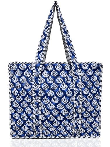100% Cotton Quilted Tote Bag For Women (Indigo Block Print)