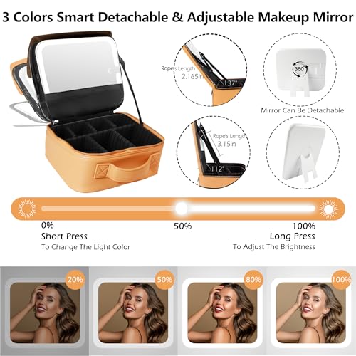 Travel Makeup Bag Cosmetic Bag Makeup Organizer Bag with Lighted Mirror (Apricot / Woven)