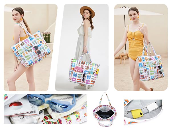 Waterproof Beach Tote Pool Bags for Women Ladies Extra Large Gym Tote Carry On Bag With Wet Compartment for Weekender Travel (Slipper)