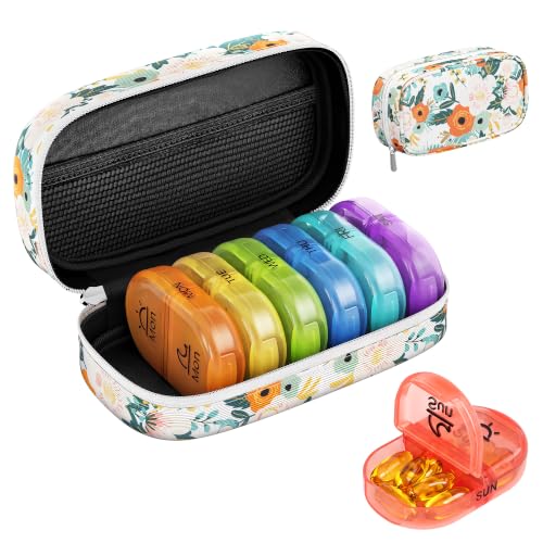 Weekly Travel Pill Organizer 2 Times a Day AM PM Rainbow Pill Box (A Canvas Bloom 01 / 1 Set Canvas Case)