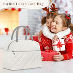 Lunch Box for Women Adult Men Insulated Cute Quilted Lunch Bag Women Reusable Large Lunch Tote Bag Leakproof Simple Cooler Bag for Work Office Picnic Beach or Travel (B-Beige White / Medium - 10L)