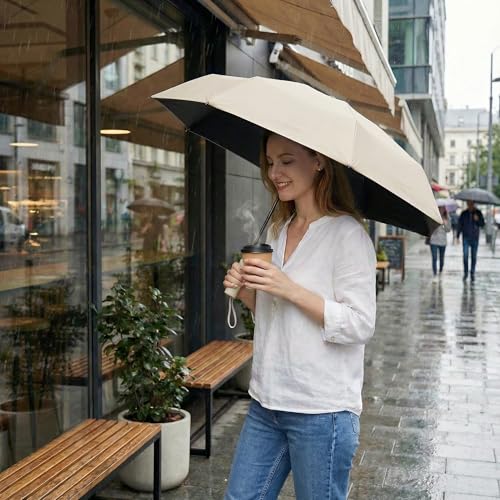 Small Compact Travel Umbrella with UV Protection for Sun & Rain (D-1-Beige)