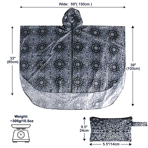 Waterproof Rain Poncho for Women Packable Hooded Raincoat with Pocket (Black Flower)