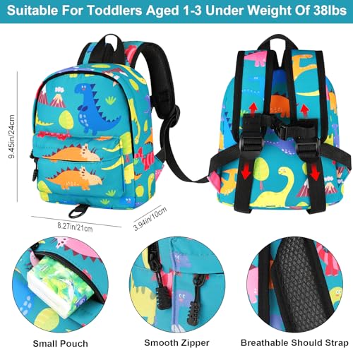Toddler Backpack Leash with Anti Lost Wrist Link (Turquoise/Dino, Green Link)
