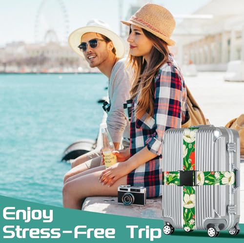 Luggage Straps for Suitcases Travel Belt Accessories Luggage Connector Identifiers Over Handle with Buckle Unique Nylon Adjustable Strap for Sleeping Bag Car Seat Green (White Flower)