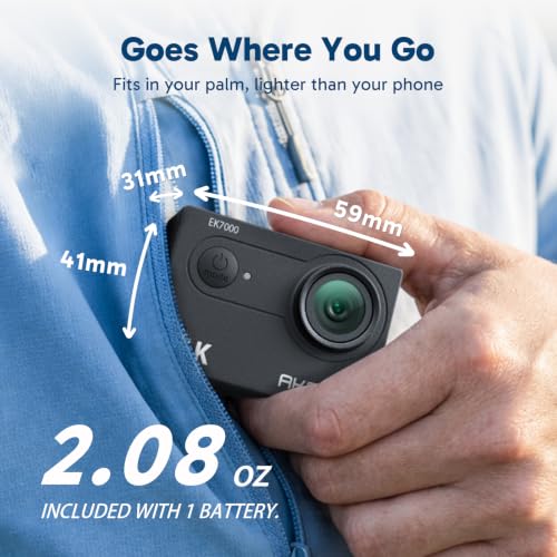 EK7000 4K30FPS 20MP WiFi Action Camera with 64GB MicroSD Memory Card Bundle EIS Ultra HD 131FT Waterproof Underwater Camera Remote Control 4X Zoom Support External Microphone Black (Deep Black)