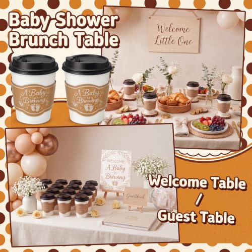 48 Sets 8 oz A Baby Is Brewing Coffee Cups with Lids and Sleeves (Baby)