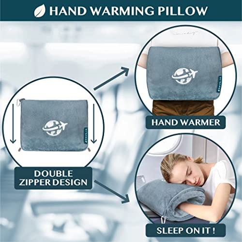 Compact 2-in-1 Travel Blanket Pillow for Airplane Flight, Blue (Dusty Blue / 65 x 40 inches)