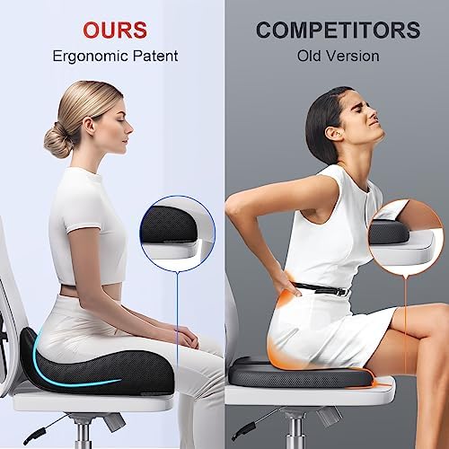 Large Ergonomic Seat Cushion Relieves Sciatica & Tailbone Pain (Dark Black / Large)