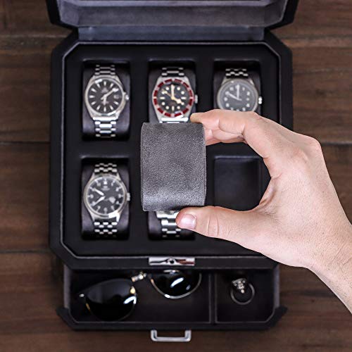 Gift Set 6 Slot Leather Watch Box and 2 Watch Travel Case (6 Slot - Black/Grey Gift Set)