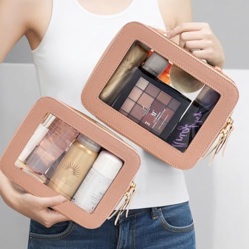 Clear Makeup Bag Set for Women (Dual Dark Pink)
