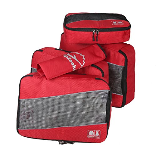 5 Set Packing Cubes for Travel Large Suitcase Luggage Organizer Bags Travel Accessories Vacation 4 Cubes 1 Laundry Pouch Bag (Red)