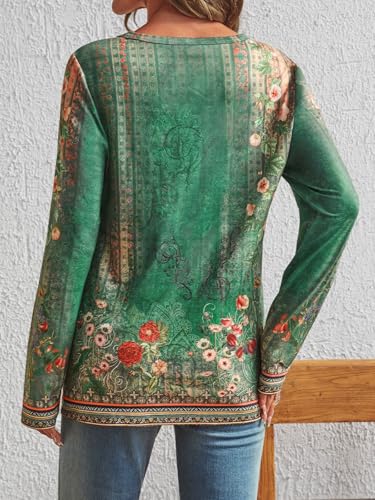 Long Sleeve Shirts for Women Casual Crewneck Tops Basic Tees (XX-Large / Floralgreen)
