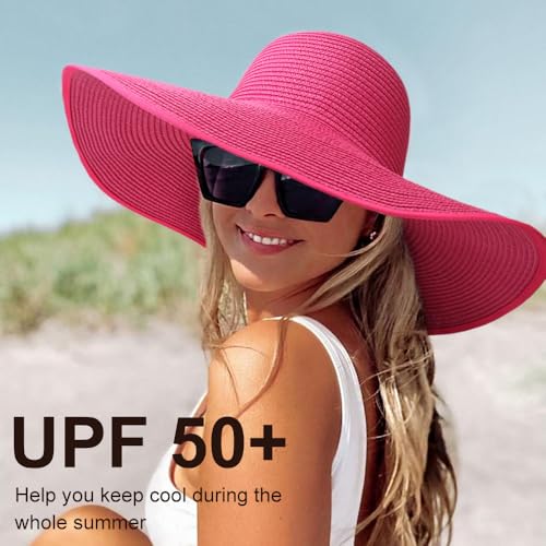 Sun Hats for Women Wide Brim Summer Hat Large Floppy Sun Straw Hat Foldable Packable Beach Hats UPF 50+ (Medium Size: Rose Red / Brim 5.5" (Head Circumference 22-22.8"))