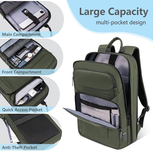 Backpack for Men Slim & Expandable Travel Laptop Backpack with USB Charging Port Water Resistant Anti (Olive Green / 15.6”)