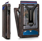 Men Slim Magnetic Leather Wallet Metal Case Money Clip 9 Cards (Forest Brown-4337)