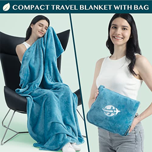 Compact 2-in-1 Travel Blanket Pillow for Airplane Flight, Teal Blue (Teal Blue / 65 x 40 inches)