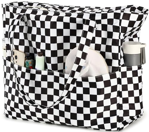 Large Beach Bag for Women (Black White Grid)