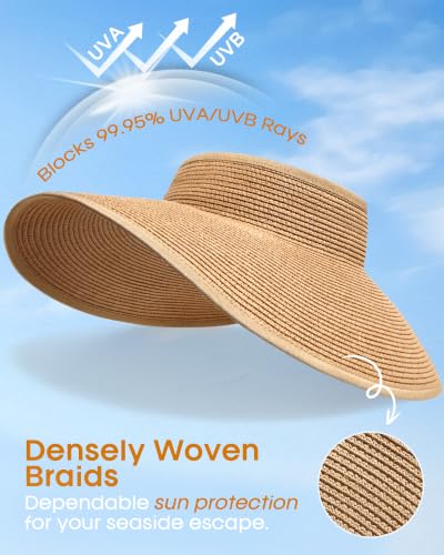 Womens Sun Visor Hats Wide Brim Straw Beach Hat UV Protection Ponytail Packable Beach Vacation Essentials Khaki (Khaki / One Size)