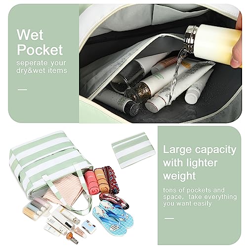 Waterproof Beach Tote Pool Bags for Women Ladies Extra Large Gym Tote Carry On Bag With Wet Compartment for Weekender Travel (Sage Green Stripe)
