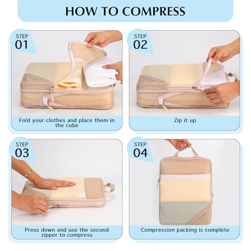 Compression Packing Cubes for Travel (Mesh/Khaki / 7 Set)