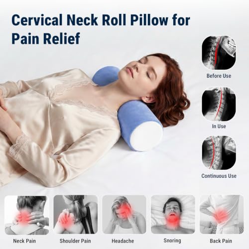 Neck Roll Cervical Pillow for Neck Pain Relief (Blue White / Large - 6.0" H)