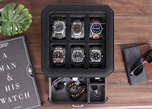 6 Slot Leather Watch Box with Valet Drawer (6 Slot - Black / Grey)