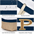 Beach Bag Initial Beach Tote with Makeup Bag for Travel (Dark Blue 2 Pcs)