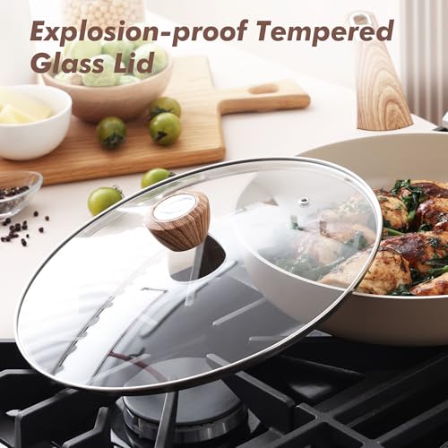 11inch Ceramic Nonstick Frying Pan Paella Pan with Lid (11 Inch / TAFFEE Taupe)