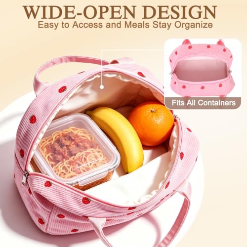 Insulated Lunch Bag for Women (Corduroy Strawberries RoseRed)
