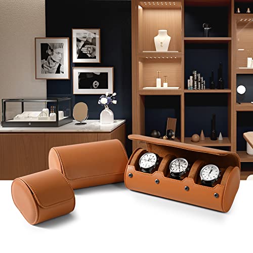 Brown Leather 2 Watch Roll Travel Case for Men (Brown / 2-Slot)