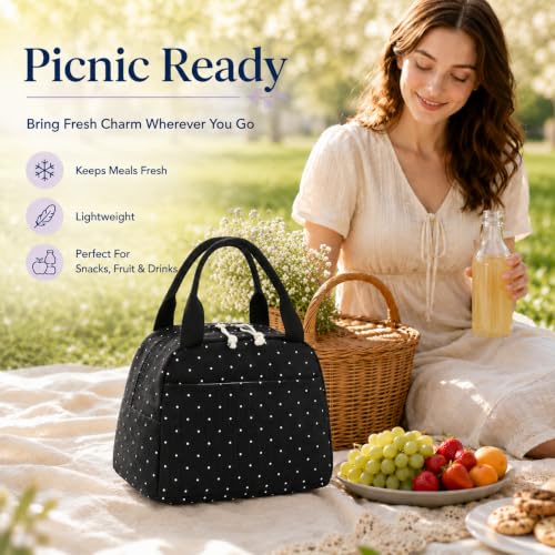 Lunch Bag for Women Men Cute Corduroy Lunch Tote Bags Reusable Insulated Lunch Box Large Capacity Reusable Insulated Cooler for Work Picnic or Travel (Black with White Dots / 10L)