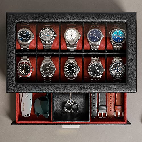 10 Slot Watch Box in Leather with Valet Drawer (Black/Red)