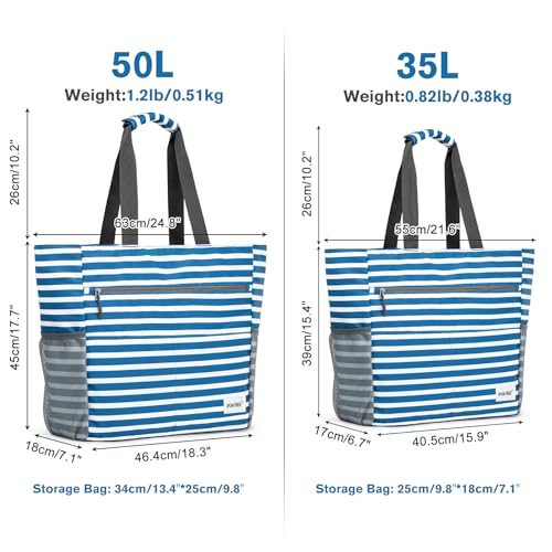 Beach Bag Waterproof Sandproof Large Capacity Foldable for Women (35L / Navy Stripe)