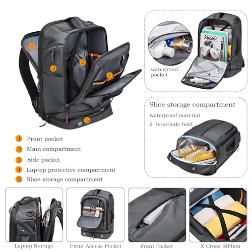 16 Inch Laptop Backpack Water Resistant Carry On Daypack Backpack Anti Theft Travel Rucksack Backpack with Shoe Compartment Shoulder Strap for Men Women (Grey)