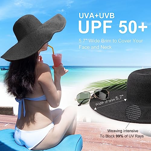 Beach Hats for Women Big Straw Wide Brim Summer Hat Floppy Foldable Roll up Cap Sun Hat UPF 50+ (Aca Wire: Black)