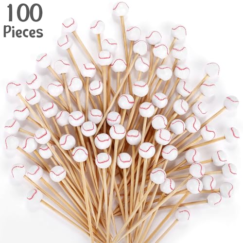 100 Pieces Baseball Decorative Sports Ball End Cocktail Skewers 4.7 Inch Bamboo Cocktail Picks Wooden Decorative Fruit Toothpicks for Appetizers Bar Drinks Fruit Sandwich Buffets Party Supplies (Baseball)