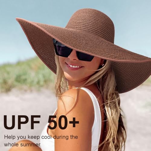 Sun Hats for Women Wide Brim Summer Hat Large Floppy Sun Straw Hat Foldable Packable Beach Hats UPF 50+ (1 Pack Medium Size: Coffee Brown (Head Circumference 22-22.8"))