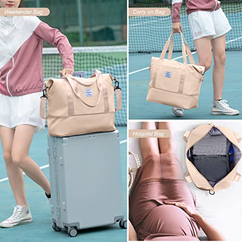 Travel Duffel Bag Carry On Overnight Weekender Bags for Women Hospital Tote (A117-beige-expandable / X-large)