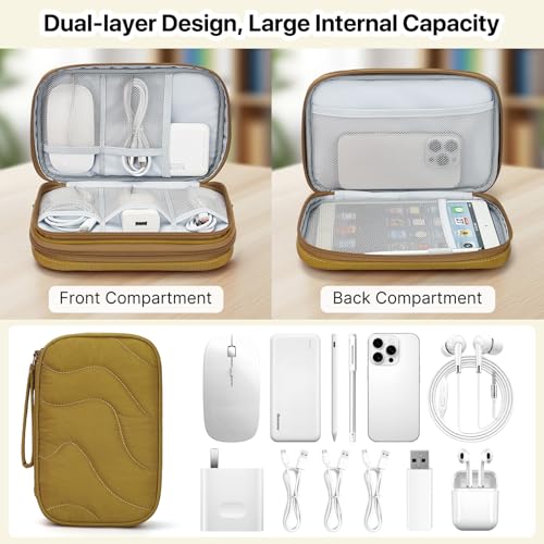 Tech Pouch Lightweight Electronics Organizer Travel Case (Wavy Pattern-Yellow / XL)
