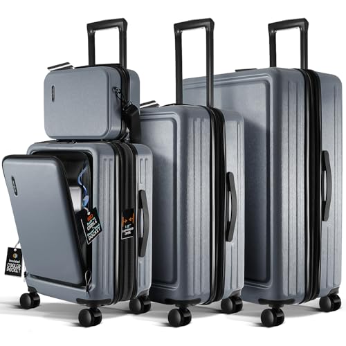 4 Piece Luggage Sets with Spinner Wheels (4 Piece Set (20/24/28) / Grey)