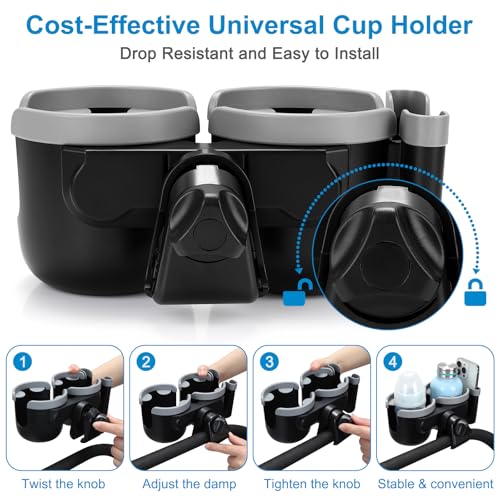 Stroller Cup Holder with Phone Holder (Double Holder-Grey)