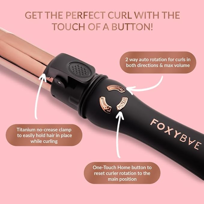 FoxyBae Rotating Curling Iron - Professional Automatic Hair Curler Wand for Long Hair w/Temp Control - 1” Titanium Barrel Hair Styling Tools for Silky Curls - Self Hair Curlers - [Black-Rose-Gold]