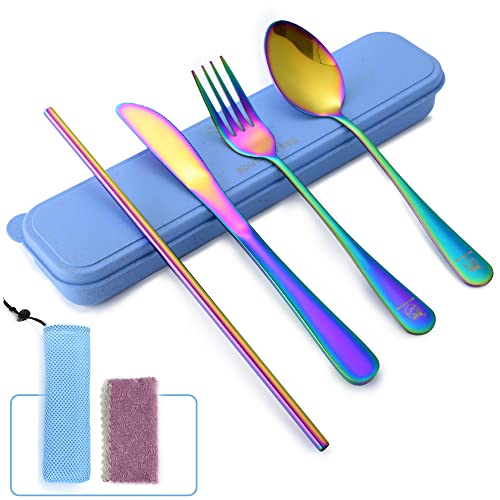 Travel Utensils Set Stainless Steel with Carrying Case (Rainbow)