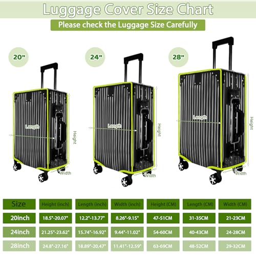 3Pcs Thicken Clear Luggage Cover (Clear-Green Frame / 20"+24"+28")