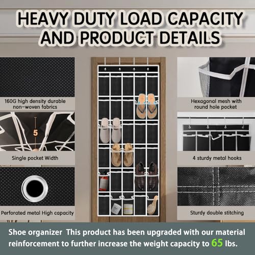 Over the Door Shoe Organizer with 30 Breathable Mesh Pockets (2PC-Black)