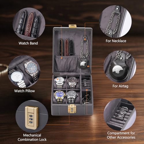 Watch Box 4 Watch Travel Case with Combination Lock (Grey / 4-Slot)